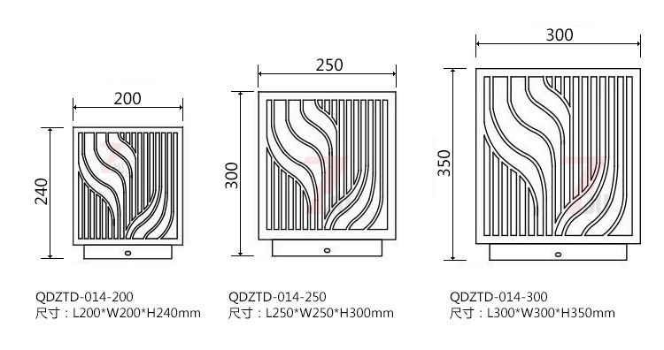 (QDZTD-014)古铜拉丝割花方形矮柱柱头灯200mm、250mm、300mm尺寸示意图